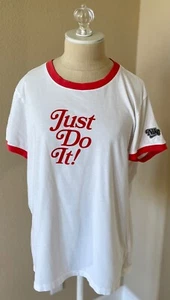 NIKE WOMENS Just Do It Retro Flocked Graphic Logo Patch Ringer Tee XL Coral Red - Picture 1 of 10