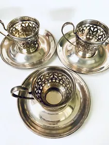 Set of Three (3) Sterling Silver Demitasse Cups and Saucers A5549 A5550 - Picture 1 of 7