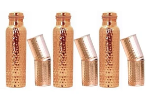 Pure Copper Vacuum Flasks Hammered Water Bottle 1 Litre 6 Tumbler Glass Set Of 9 - Picture 1 of 5