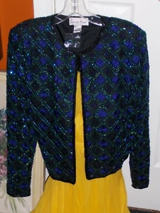 SUPERB Silk Blue Green Embroidered Sequin Top Blouse Jacket Feminine Clothing - Picture 1 of 12
