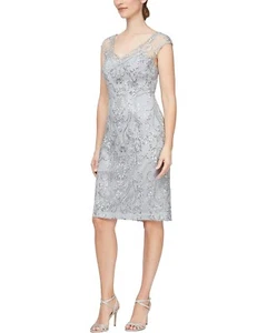 Alex Evenings L79211 Pale Lilac Embroidered Illusion Neck Short Dress Size 16 - Picture 1 of 4