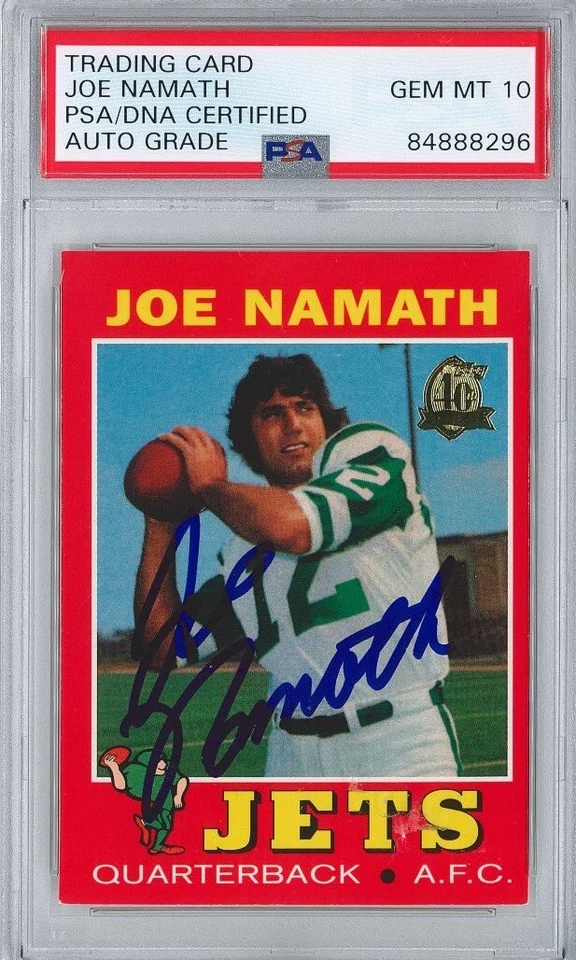 JOE NAMATH SIGNED 1971 TOPPS REPRINT TRADING CARD PSA 84888296 GEM MINT 10 AUTO - Image 1 of 1
