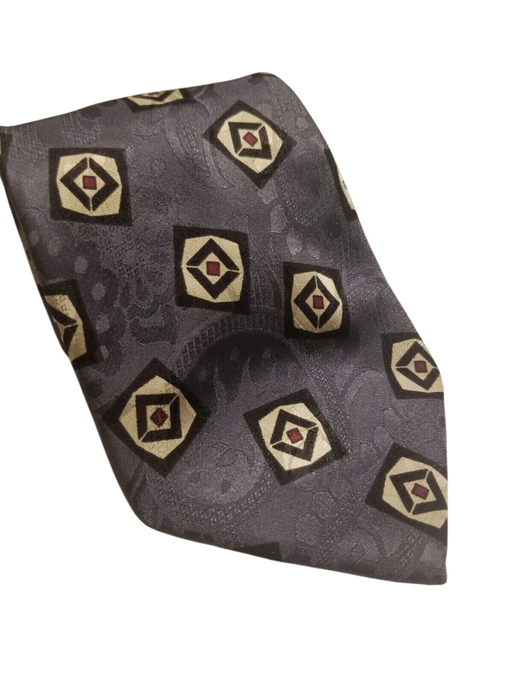 Lands End Mens 100% Silk Geometric Pattern Necktie In Gray With Gold & Red Accen - Image 1 of 4