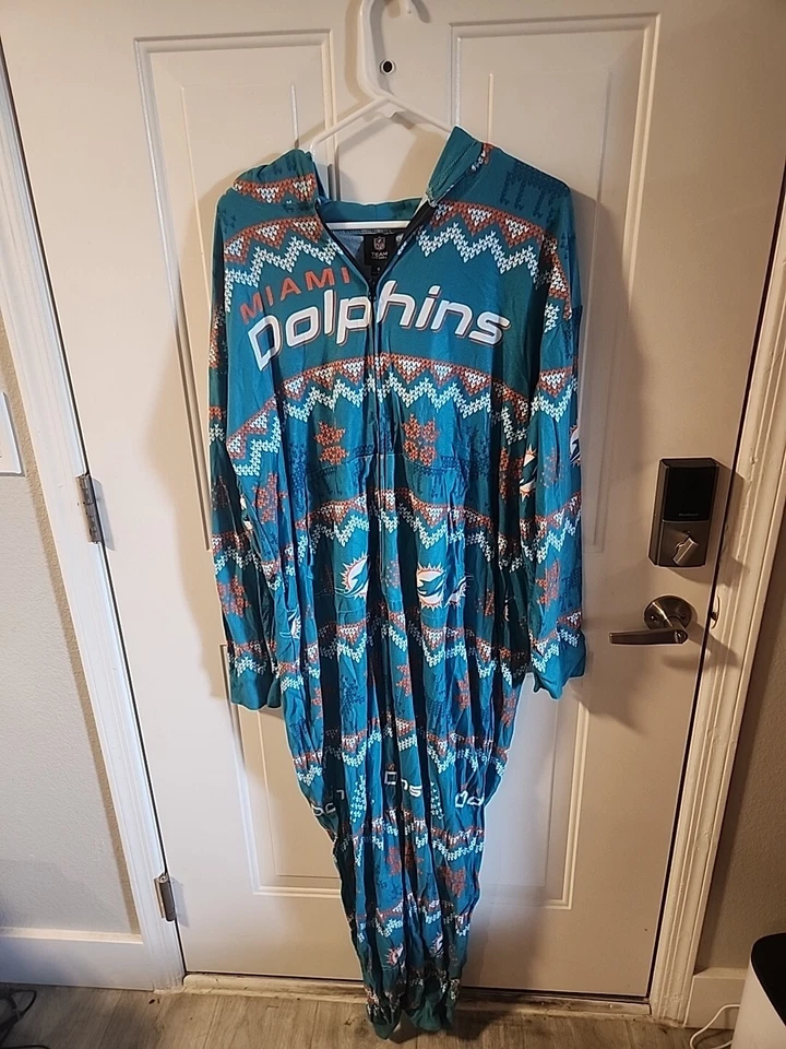 NFL Miami Dolphins Sz M Logo Uniform Holiday Fleece Pajamas PJ Zip Up One Piece - Image 1 of 4