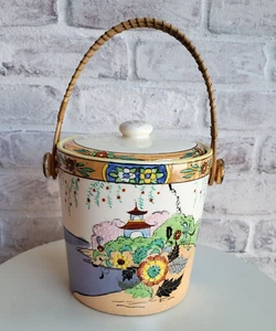 Vintage Chinoiserie Opalescent Ceramic Ice Bucket Woven Rattan Handle and Lid - Picture 1 of 14