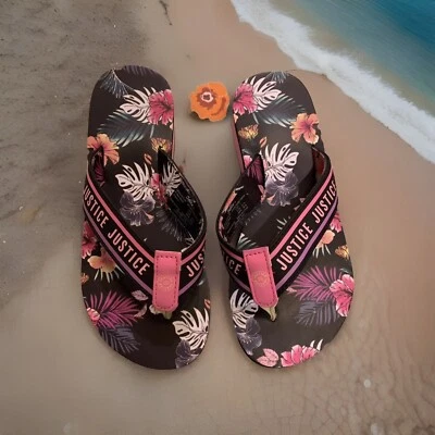 JUSTICIA Talla 1 Negro y Rosa Tropical Estampado Floral Chanclas Zapato Tacón Pequeño NUEVO Foto 1 de 4