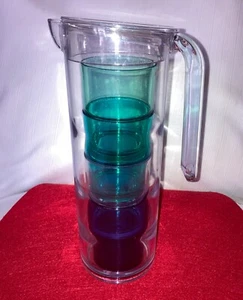 Under $25 SPACE SAVER Acrylic Covered Pitcher 4 Stackable Tumbler Set BLUE/GREEN - Picture 1 of 9