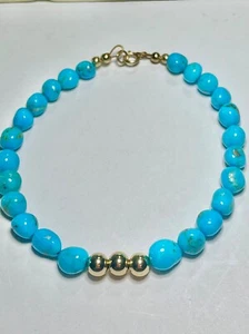 14k Solid Gold Genuine Sleeping Beauty Turquoise Beaded 7.5 Inch Bracelet - Picture 1 of 12