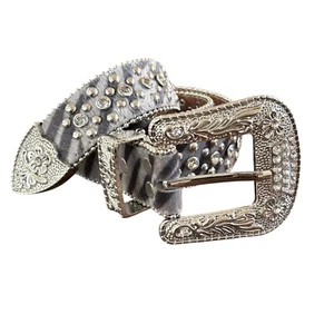 Western Womens Belt Studded Rhinestones Faux Fur 28" - 36" Silver Gray Cowgirl - Picture 1 of 15