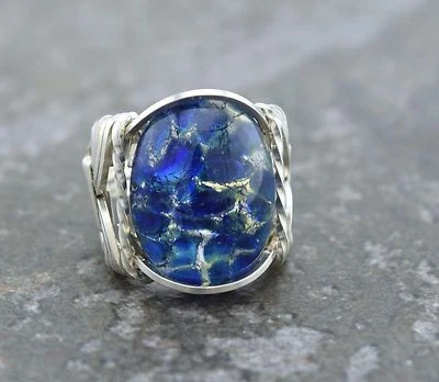 Sterling Silver Blue Sea Opal Glass Cabochon Wire Wrapped Ring - Image 1 of 4