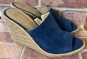 NEW JOHNSTON & MURPHY BLUE SUEDE ESPARTO ROPE HIGH HEEL OPEN TOE WEDGE MULE 9.5M - Picture 1 of 6