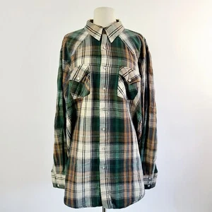 Vintage 70s Winchester Flannel Pearl Snap Shirt Green & Brown Plaid XXL USA Made - Picture 1 of 5