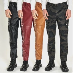 Men Faux Leather Pants Slim PU Trousers Pockets Motorcycle Biker Punk Rock Chic - Picture 1 of 19
