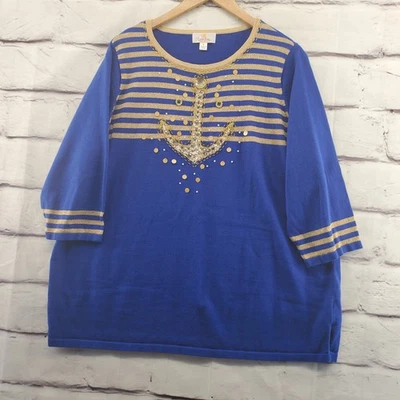 QUACKER FACTORY Sweater Womens 1X Embroidered Anchor Rhinestones 3/4 Sleeve - Image 1 of 4