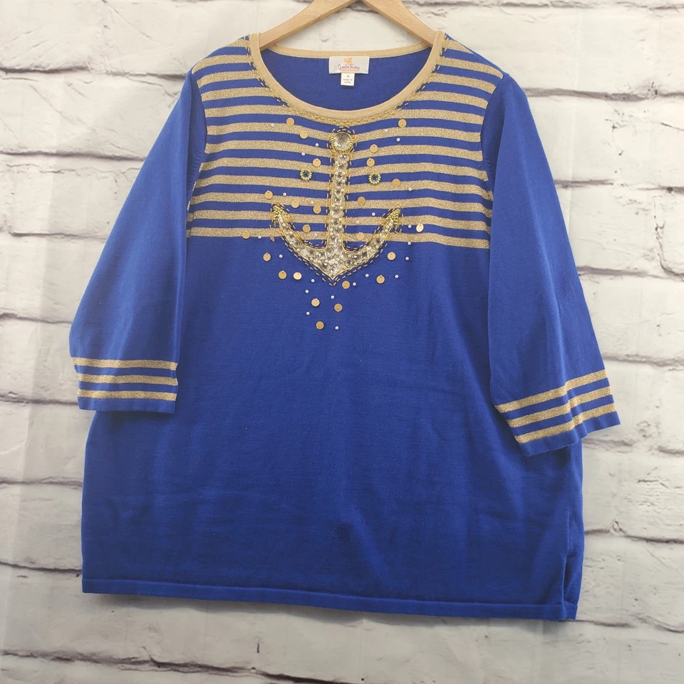 QUACKER FACTORY Sweater Womens 1X Embroidered Anchor Rhinestones 3/4 Sleeve - Image 1 of 4