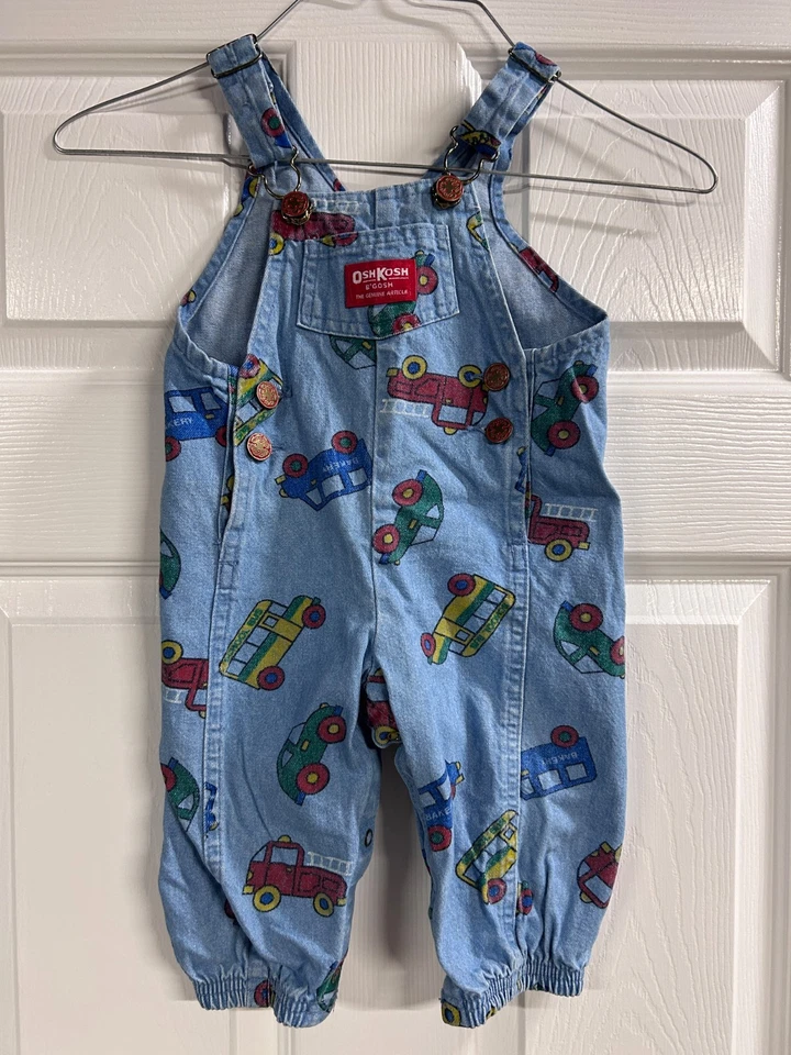 Mono de colección años 90 OshKosh Cars taxi autobús camión de bomberos en azul vaquero Vestbak 12M Foto 1 de 3