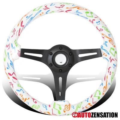 Universal 350mm Colorful Music Notes Black 3-Spoke Racing Wooden Steering Wheel Foto 1 de 4
