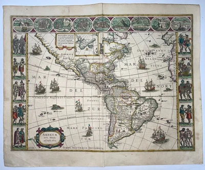 AMERICA 1638 WILLEM BLAEU LARGE ANTIQUE UNUSUAL CARTE-A-FIGURES MAP 17TH CENTURY - Image 1 of 4