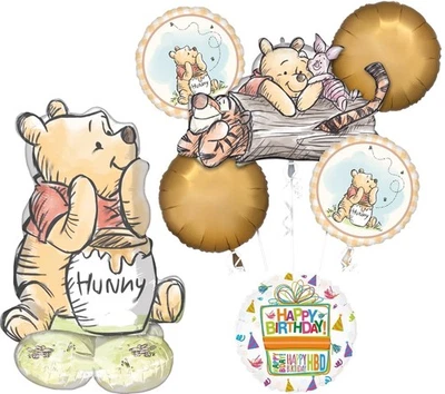 Classic Pooh Birthday Party Supplies 7pc Balloon Bouquet Decorations with Air... - Image 1 of 4