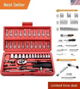 46-Piece 1/4 Inch Drive Socket Ratchet Set in Chrome Vanadium - Auto & Home Use - Picture 1 of 8