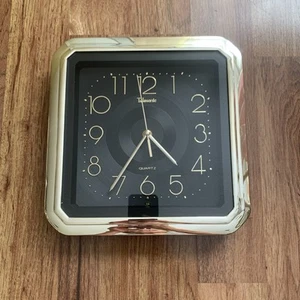 Vtg Square Telesonic Quartz Battery Operated Wall Clock Gold Black Face Plastic - Picture 1 of 8