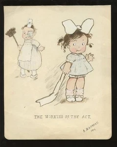 ART 1913 CHILD + HOUSEMAID WATERCOLOUR Nat Insurance Stamp SIGNED MARSHALL - Picture 1 of 1
