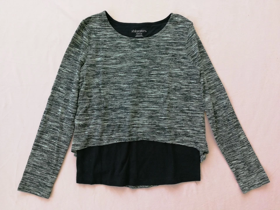 女童纱染粗纺球衣长袖身体全衬里上衣 - Xhilaration BLK M — 第 1/4 张图片