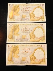 Banknote France 1941 P-94 100 Francs Sully  3 SEQUENTIAL NUMBERED NOTES - Picture 1 of 5