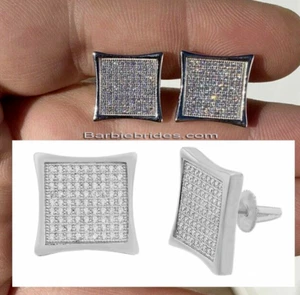 Micro Pave Square Kite 14K White Gold Plated Cubic Zircon Men Women Stud Earring - Picture 1 of 9