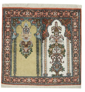 Alfombra oriental de seda pura de cachemira 125x123 cuadrada anudada a mano - Imagen 1 de 4