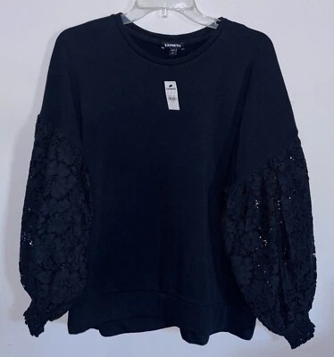 NUEVO CON ETIQUETAS- Suéter Pullover Express Para Mujer Negro Encaje Mangas Globo Talla L Foto 1 de 4