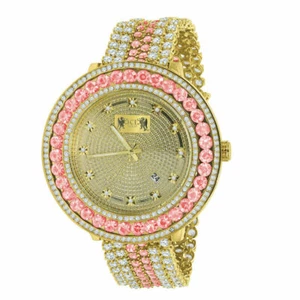 18K Yellow Gold Finish Pink & White Real Genuine Diamond Men Custom Watch W/Date - Picture 1 of 6