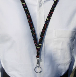 Trendy Lanyard, Colorful Squiggles on Black, Party, ID Badge Holder, Key Chain - Picture 1 of 4