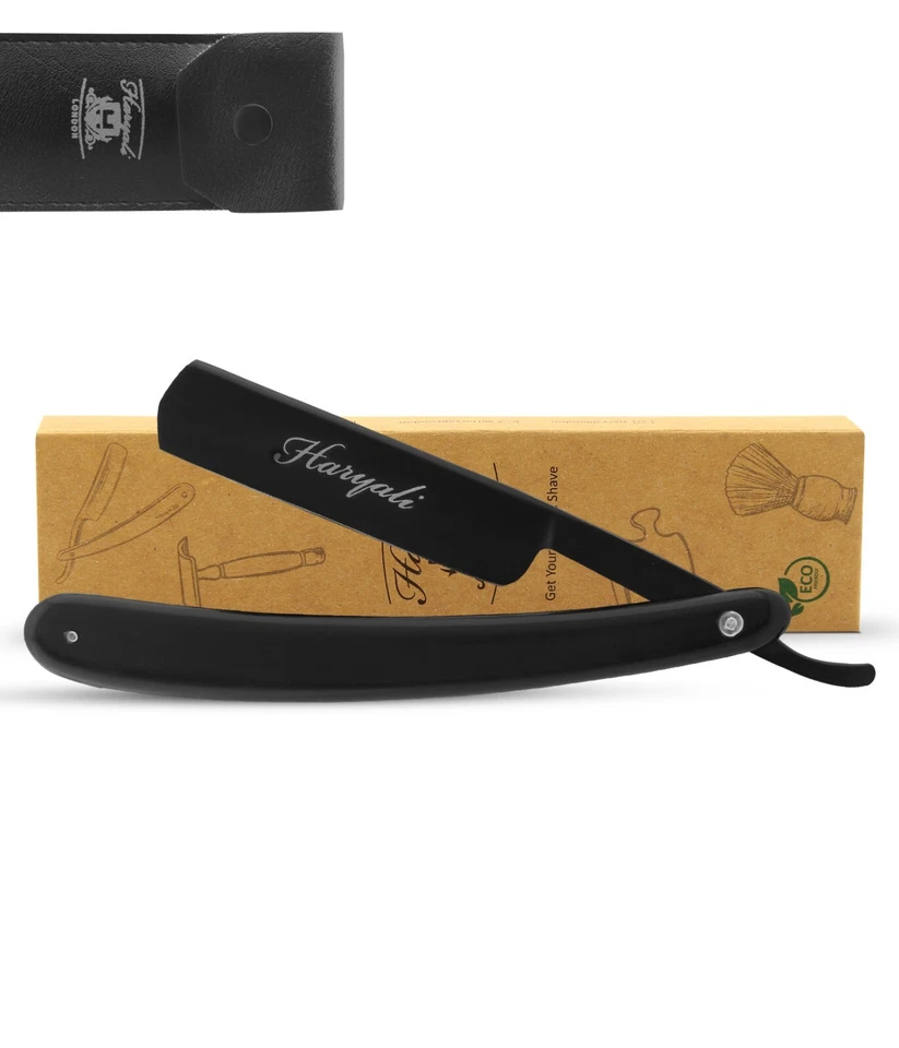 Maquinilla de afeitar tradicional corte garganta, afeitadora recta de peluquero, mango de plástico, negra Foto 1 de 4