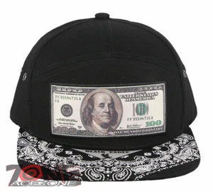 NEW! DOLLAR BILL FLAT BILL 7 PANEL BANDANA SNAPBACK BASEBALL CAP HAT BLACK - Picture 1 of 4