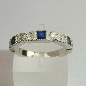 1Ct Princess Cut Blue Diamond Eternity Wedding Band Ring 14K White Gold Finish - Picture 1 of 9