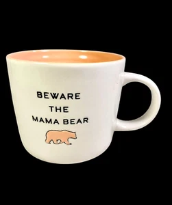 Beware the Mama Bear Coffee Tea Mug White Peach Inside Embossed Bear Large 16 oz - Picture 1 of 11