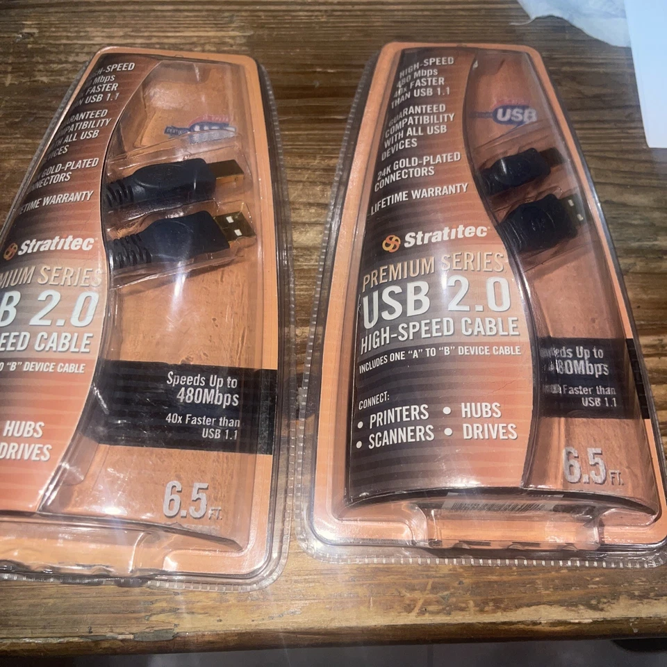 2 NEW: STRATITEC 6.5 FEET PREMIUM SERIES USB 2.0 HIGH-SPEED CABLE 24K GP - Image 1 of 1
