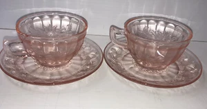 Rosa Depression Tasse und Untertasse Sets Jeanette Glas Sonnenblumenmuster 2er Set - Bild 1 von 9