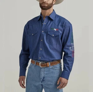 Wrangler Western Snap Mexico Logo Shirt Men’s M Blue Rodeo Cowboy Workwear - Picture 1 of 10