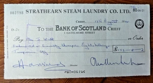 Gebrauchter Scheck Strathern Steam Laundry Co Ltd Bank of Scotland 13. August 1965 - Bild 1 von 2