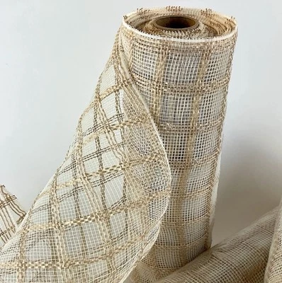 Lot Of 6, 10" Poly Jute Deco Mesh Natural & Cream Grid 10’ X 18ft - Image 1 of 2