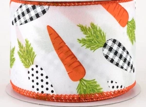 Easter Patterned Carrots 2.5" by 5 yards White Wired Ribbon Spring Orange - Picture 1 of 2