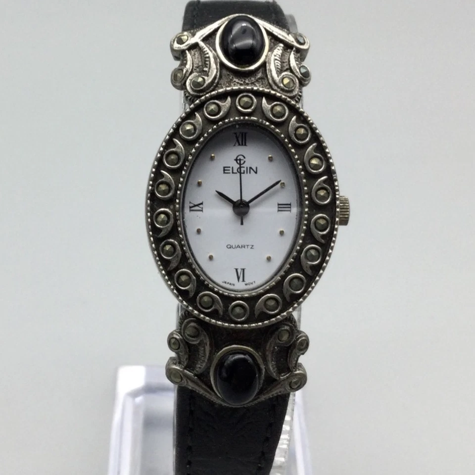 Reloj Elgin Mujer Vintage 22mm Marcasita Tono Plata Cuero Negro Batería Nueva Foto 1 de 4