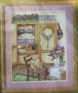 TEDDY AND QUILT CABINET CROSS STITCH KIT 50417 CANDAMAR SOMETHING SPECIAL 14X18 - Picture 1 of 3