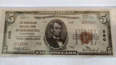 $5 1929 THE HARRISBURG NATIONAL BANK HARRISBURG PENNSYLVANIA Charter #580 Type 2 - Image 1 of 4