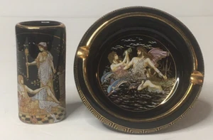 Terracotta 24 K Gold Trim Black ASHTRAY and 3" MINI VASE hand made in Greece - Picture 1 of 16