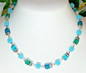 Halskette Würfelkette Würfel Kristall Glas petrol blau grün türkis Strass 058b - Bild 1 von 11