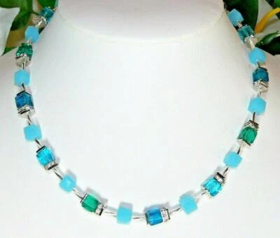 Halskette Würfelkette Würfel Kristall Glas petrol blau grün türkis Strass 058b - Bild 1 von 4
