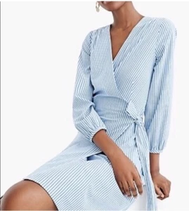 J. Crew Striped Wrap Dress In Cotton Poplin 3/4 Sleeve Tie, Size 00 - Picture 1 of 4
